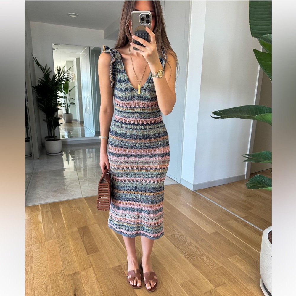 ZARA RUFFLED POINTELLE KNIT BODYCON MIDI DRESS MULTICOLORED Medium
